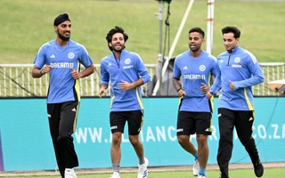 (L to R) Arshdeep Singh, Ravi Bishnoi, Suryakumar Yadav, Abhishek Sharma