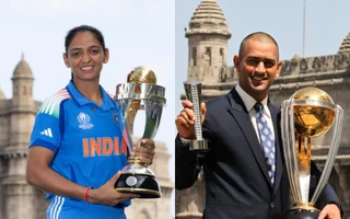 Harmanpreet Kaur [L] and MS Dhoni [R]