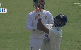 Rishabh Pant hitting a six during a Day 2's play against South Africa