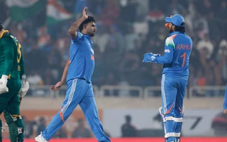 IND vs SA 2025, 1st ODI: Harshit Rana celebrates after dismissing a South African batter